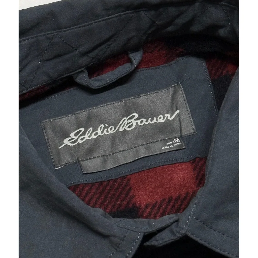 Eddie Bauer Mens Navy Blue Flannel Lined Shirt Jacket Snap Front Medium